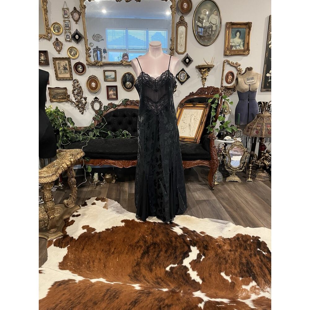 Vintage Y2K Black Floral Lace Satin Lingerie Slip Maxi Dress Size M